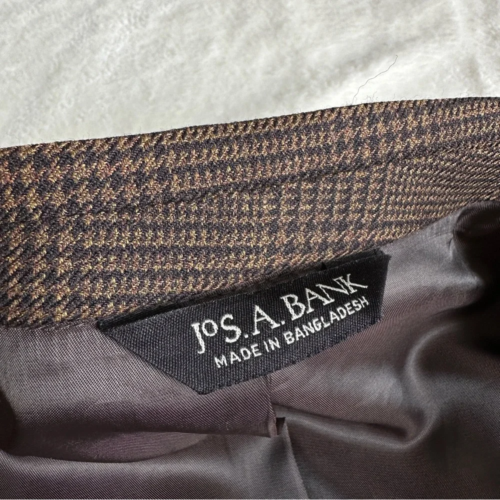 Jos A Bank 46L Beige Blue 100% Wool Sport Coat Glen Check Pattern